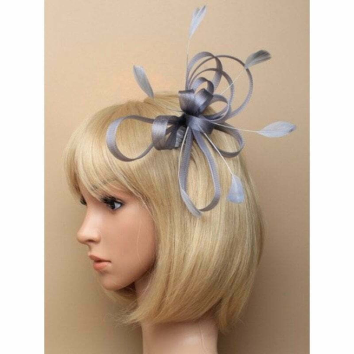 Silver grey fascinator on clear comb with loops and feather tendrils.
