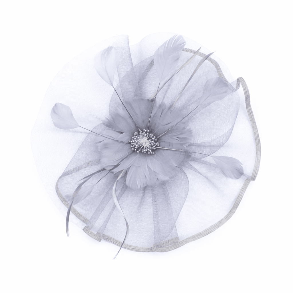 Wide brimmed silver grey net fascinator (main)