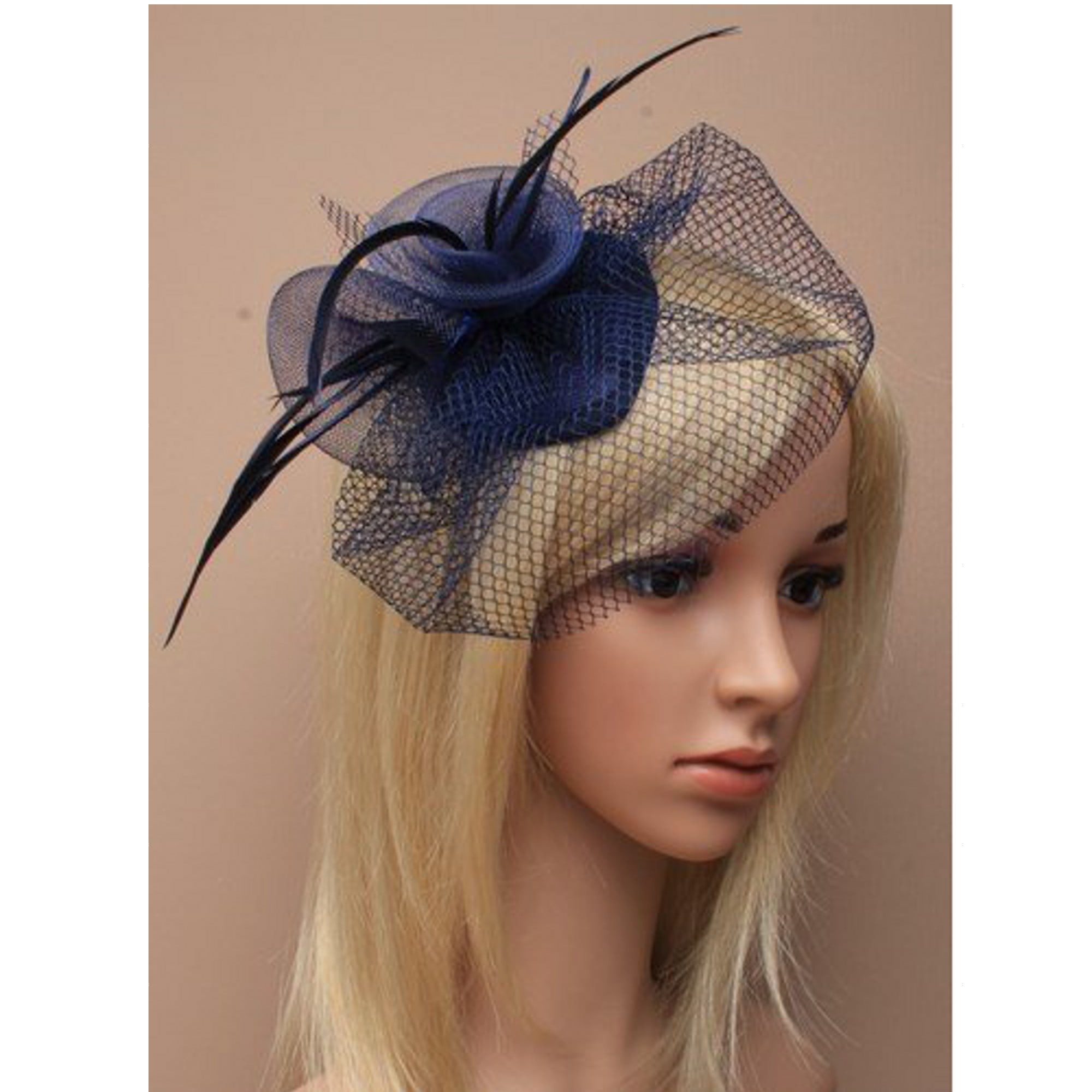 Navy Blue Fascinator With Sinamay Flowers Feathers And Netting